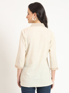 Divena Off White Cotton V-Neck Embroidery Top