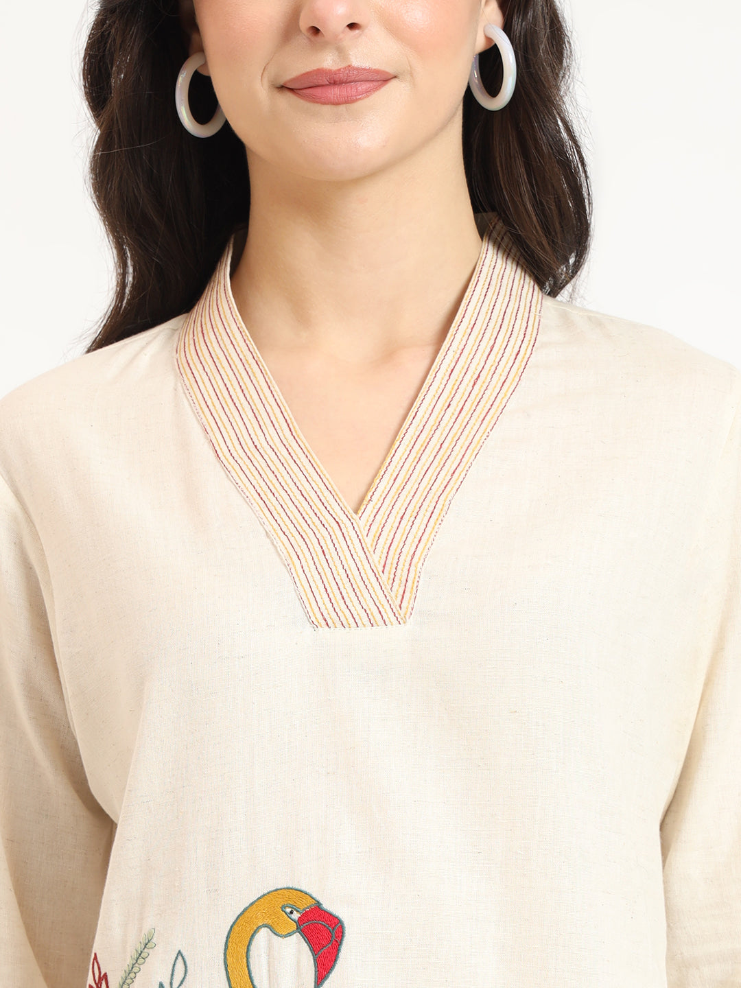 Divena Off White Cotton V-Neck Embroidery Top