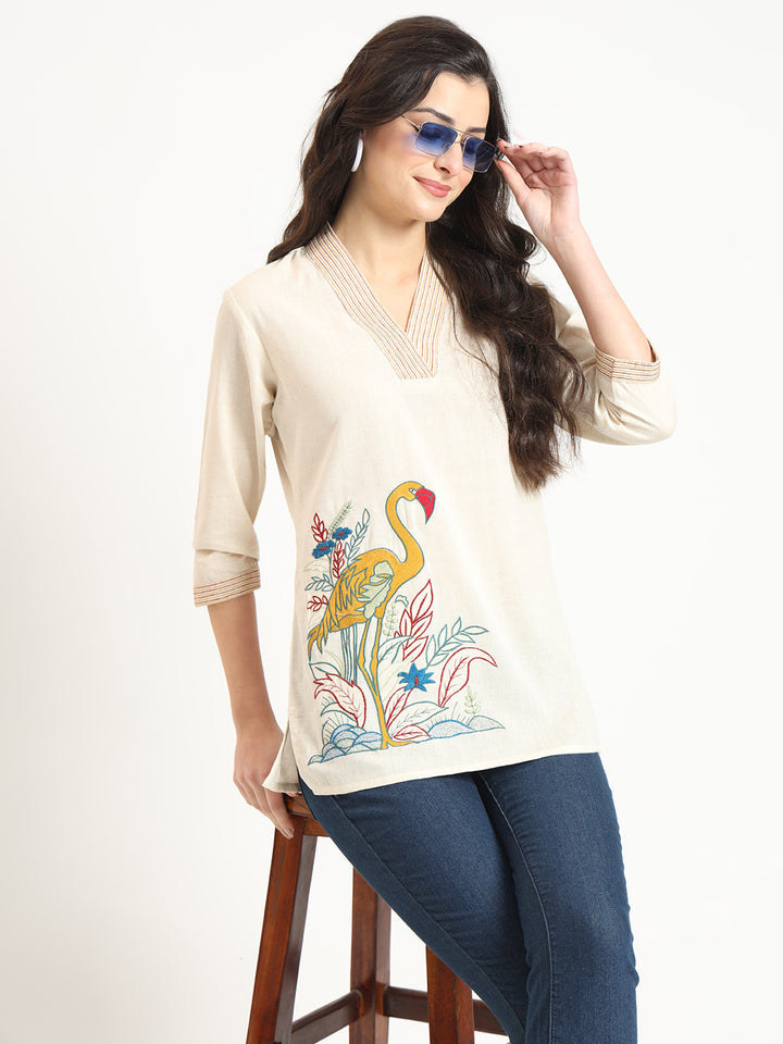 Divena Off White Cotton V-Neck Embroidery Top
