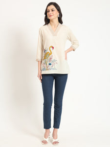 Divena Off White Cotton V-Neck Embroidery Top