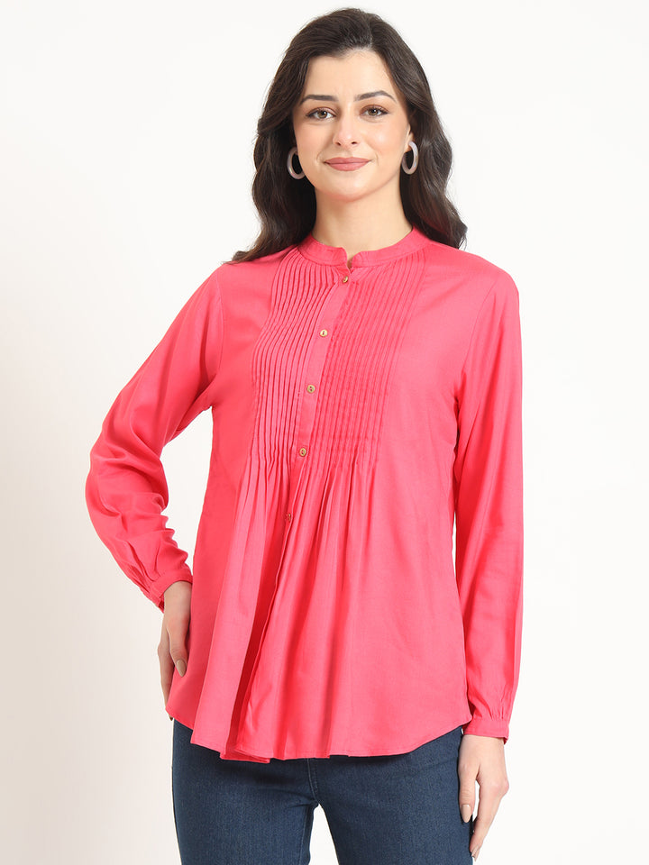 Divena Peach Solid Print Rayon Fabric Straight Top