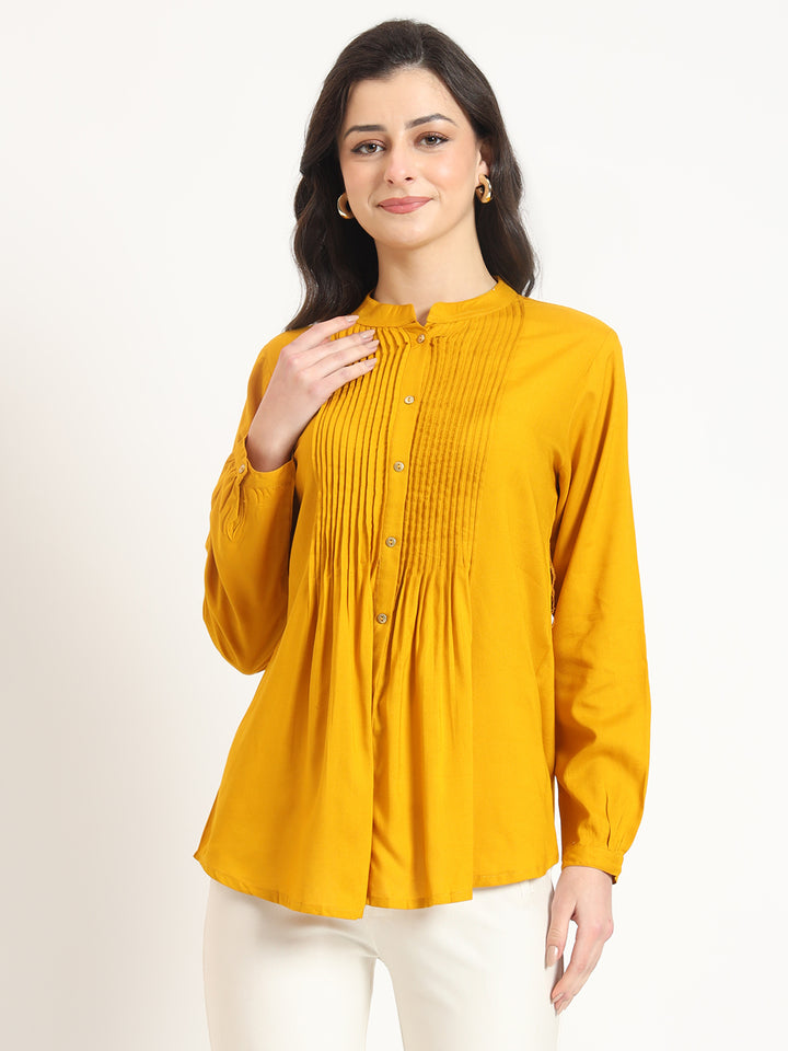 Divena Mustard Solid Print Rayon Fabric Straight Top