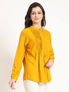 Divena Mustard Solid Print Rayon Fabric Straight Top