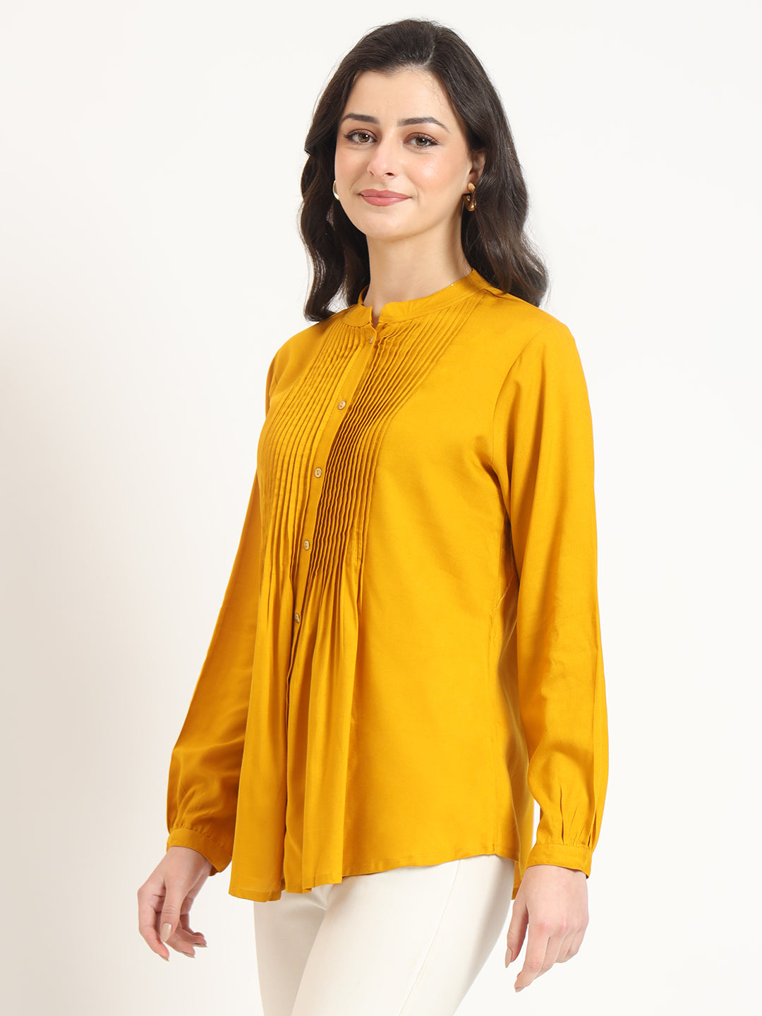 Divena Mustard Solid Print Rayon Fabric Straight Top