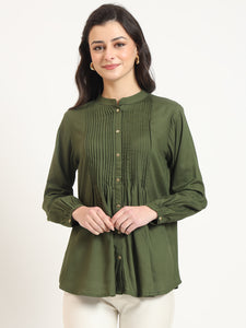 Divena Olive Solid Print Rayon Pintuck Detailing Top