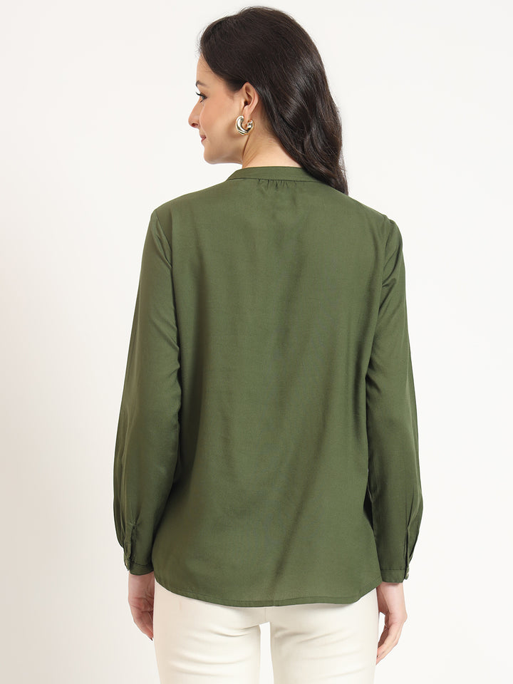 Divena Olive Solid Print Rayon Pintuck Detailing Top