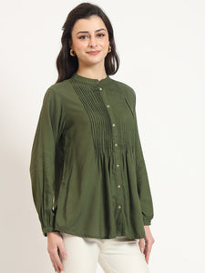 Divena Olive Solid Print Rayon Pintuck Detailing Top