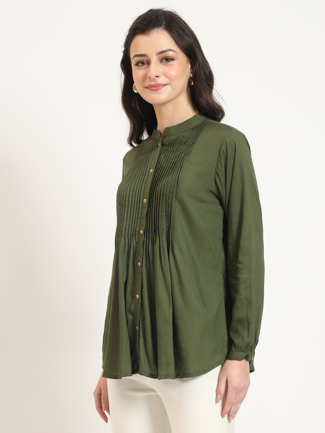 Divena Olive Solid Print Rayon Pintuck Detailing Top