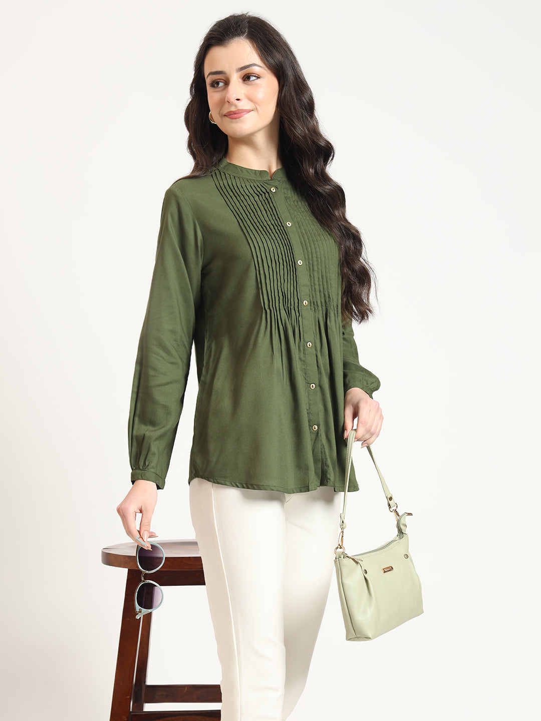 Olive Solid Print Rayon Pintuck Detailing Top — view 1