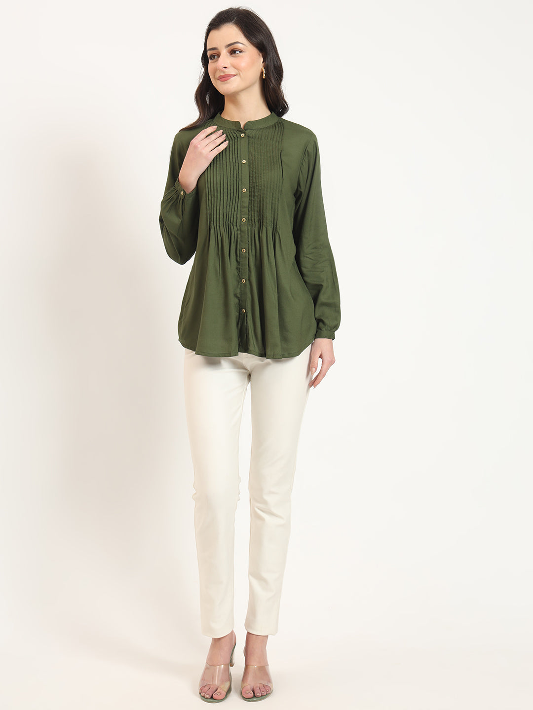 Divena Olive Solid Print Rayon Pintuck Detailing Top