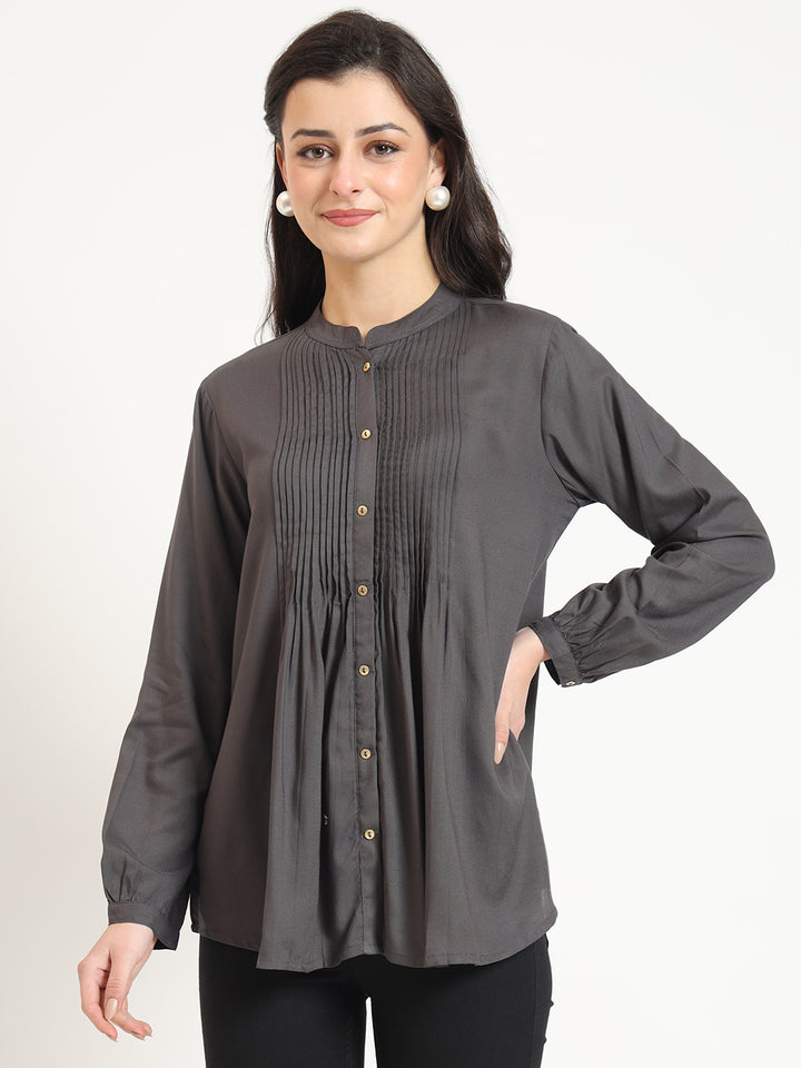 Divena Grey Solid Print Rayon Fabric Straight Top