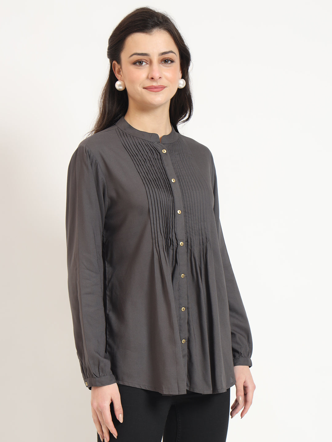 Divena Grey Solid Print Rayon Fabric Straight Top