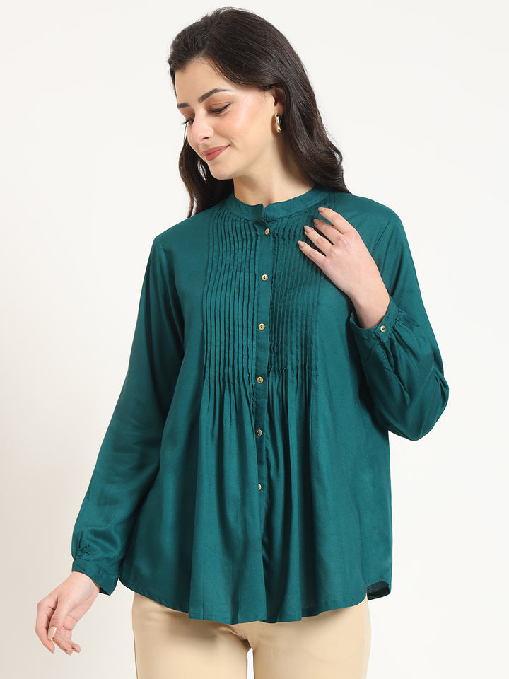Divena Turquoise Solid Print Rayon Fabric Straight Top