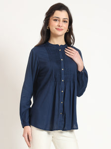 Divena Navy Blue Solid Print Rayon Fabric Straight Top