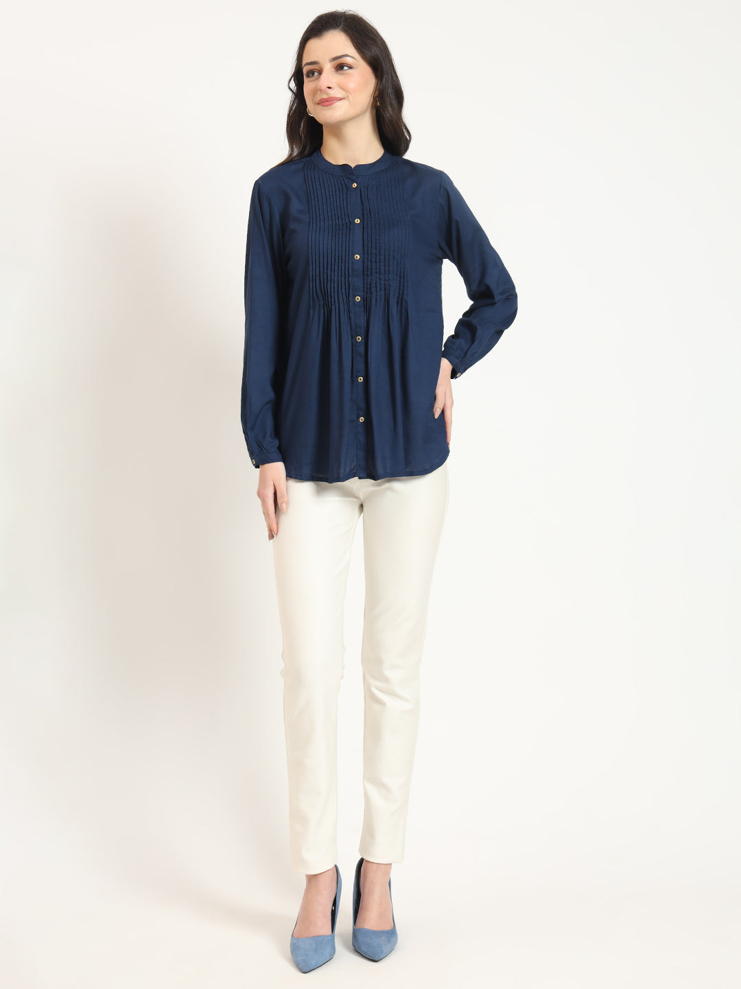 Divena Navy Blue Solid Print Rayon Fabric Straight Top