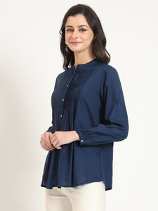 Divena Navy Blue Solid Print Rayon Fabric Straight Top