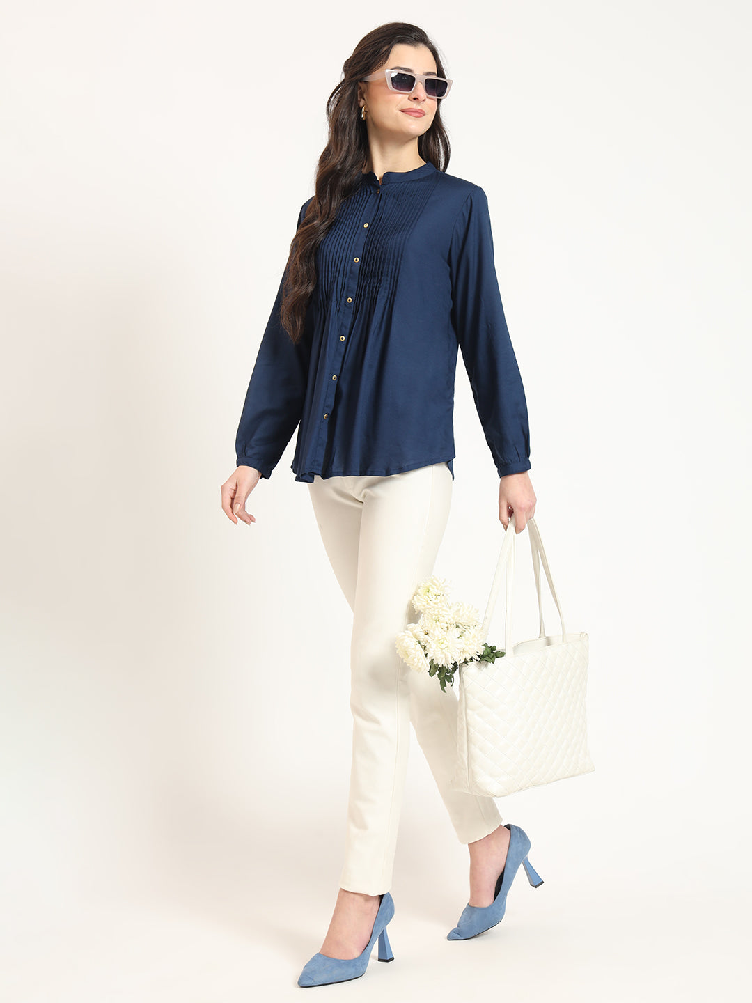 Divena Navy Blue Solid Print Rayon Fabric Straight Top