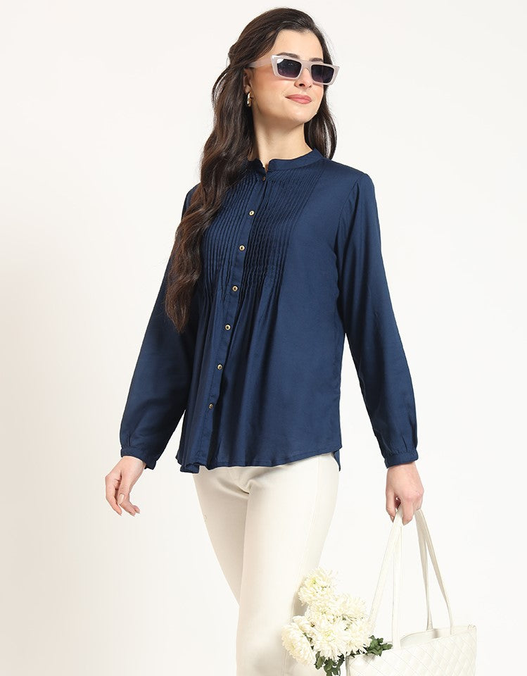Navy Blue Solid Print Rayon Fabric Straight Top — view 1