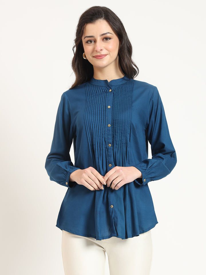 Divena Blue Solid Print Rayon Fabric Straight Top