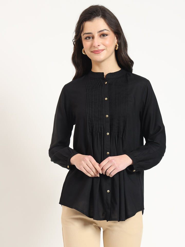 Divena Black Solid Print Rayon Fabric Straight Top