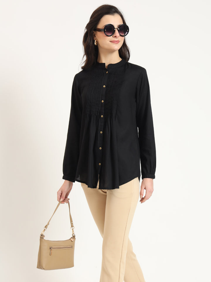 Divena Black Solid Print Rayon Fabric Straight Top