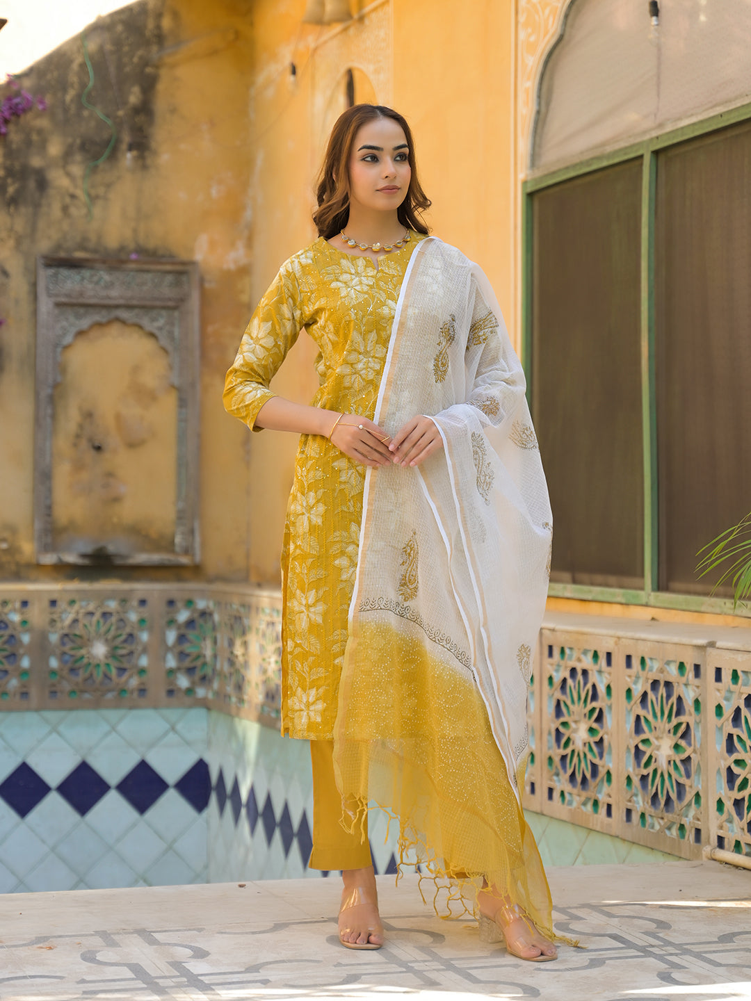 Mustard Floral Print Cotton Straight fit Kurta Pant with Dupatta — view 1