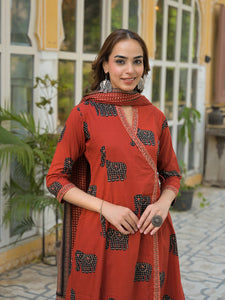 Divena Red Animal Print Cotton A-Line Kurta Pant with Dupatta