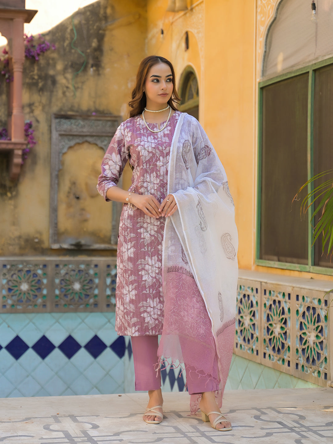Peach Floral Print Cotton Straight Kurta Pant with Dupatta — view 1