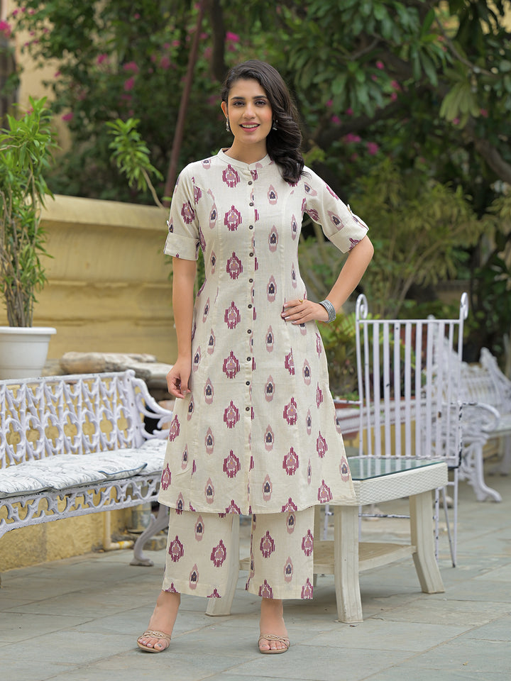Divena Off White Cotton Printed Kurta Pant Set