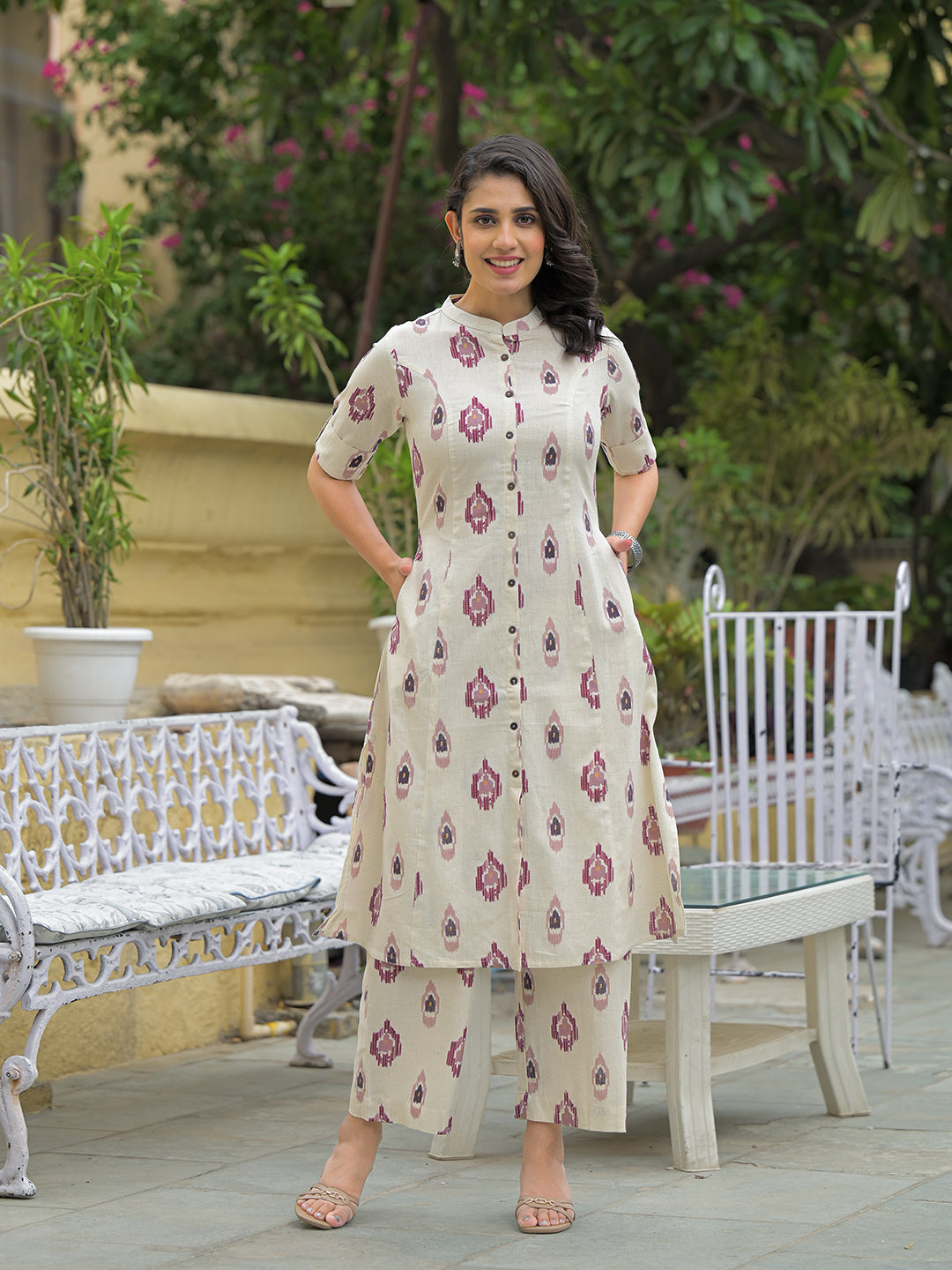 Divena Off White Cotton Printed Kurta Pant Set