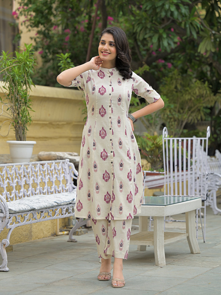 Divena Off White Cotton Printed Kurta Pant Set