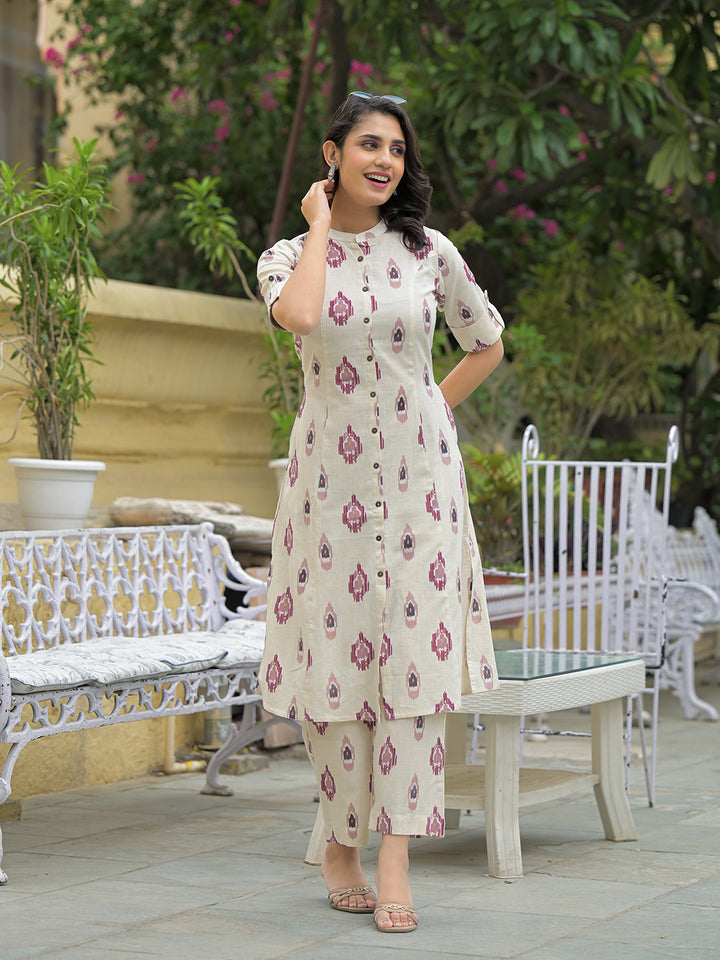 Divena Off White Cotton Printed Kurta Pant Set