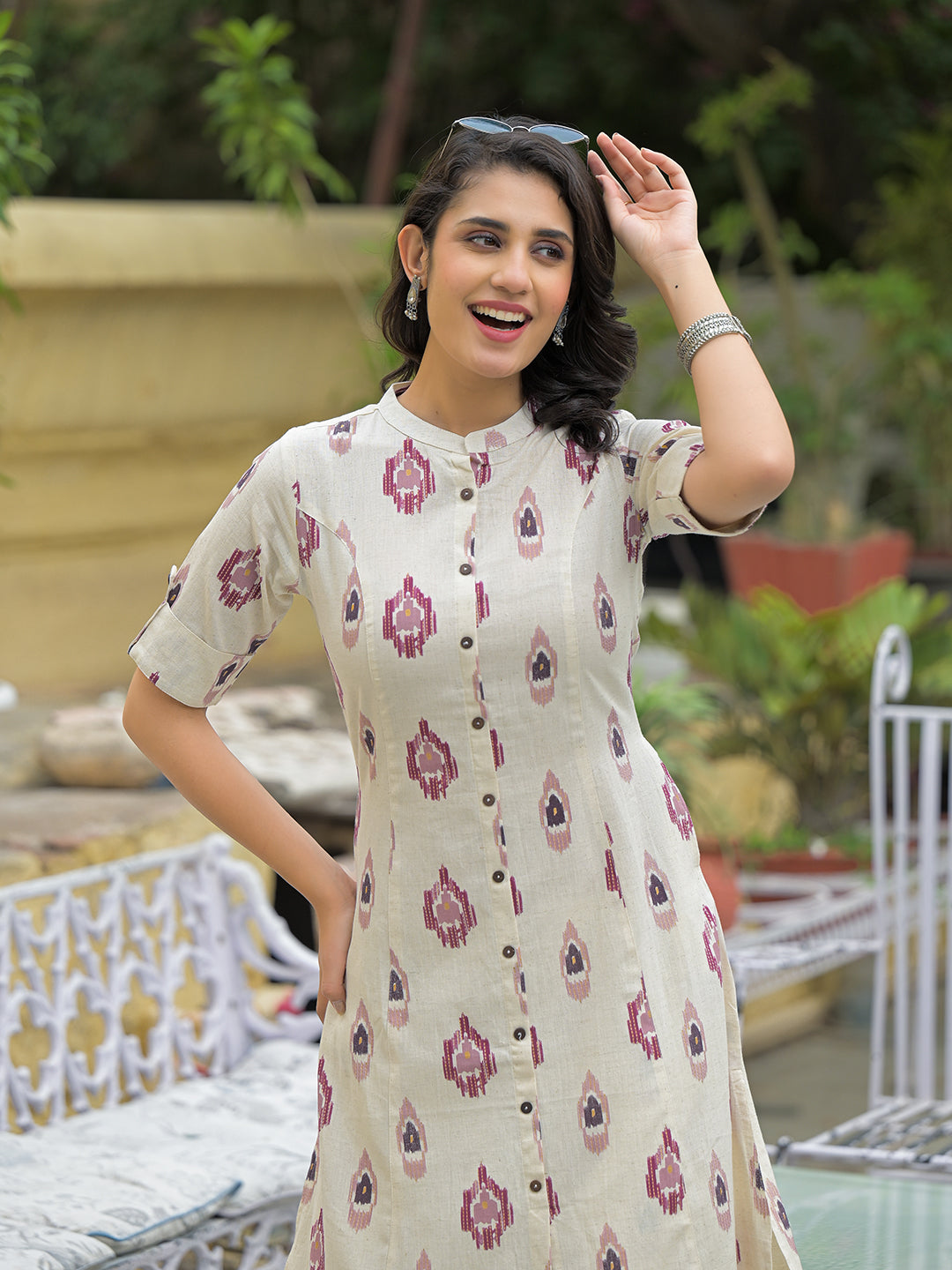 Divena Off White Cotton Printed Kurta Pant Set