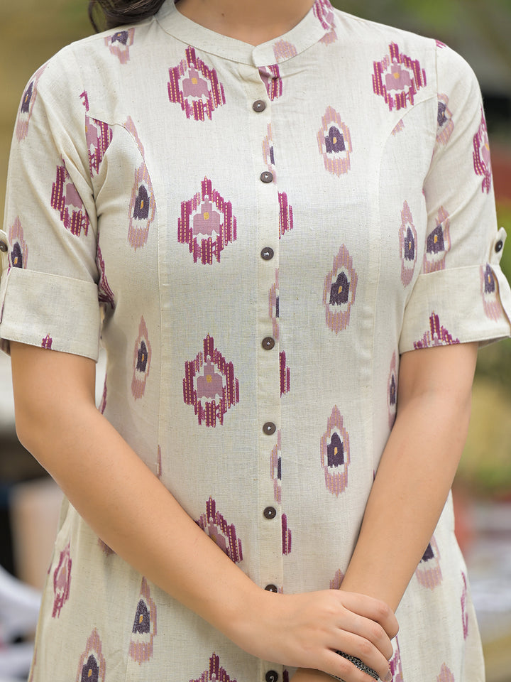 Divena Off White Cotton Printed Kurta Pant Set