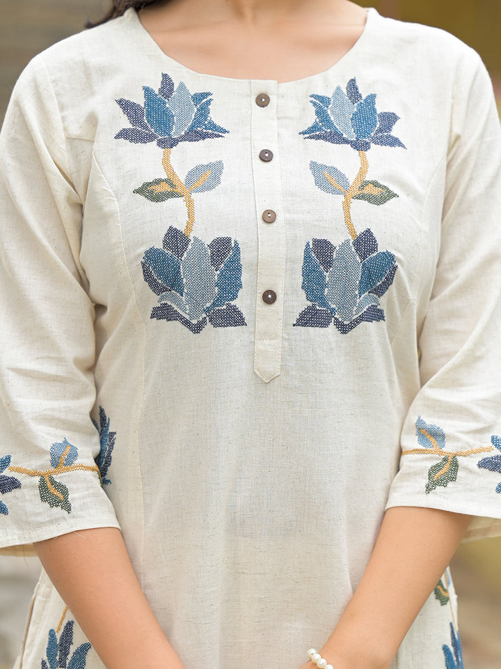 Divena Off White Blue Embroidary Kurta Pant Set