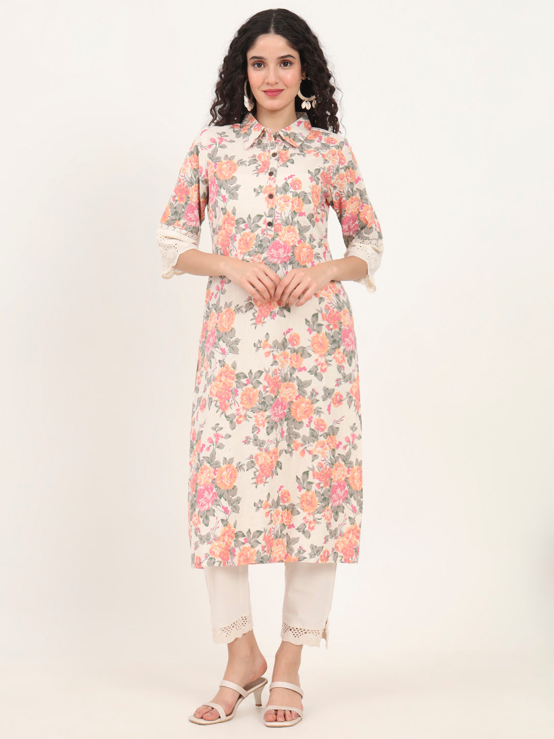 Divena Pink Floral Printed Cotton Kurta