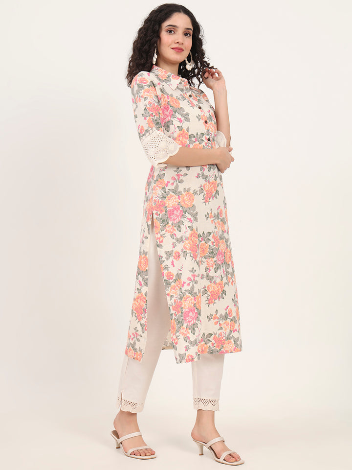 Divena Pink Floral Printed Cotton Kurta