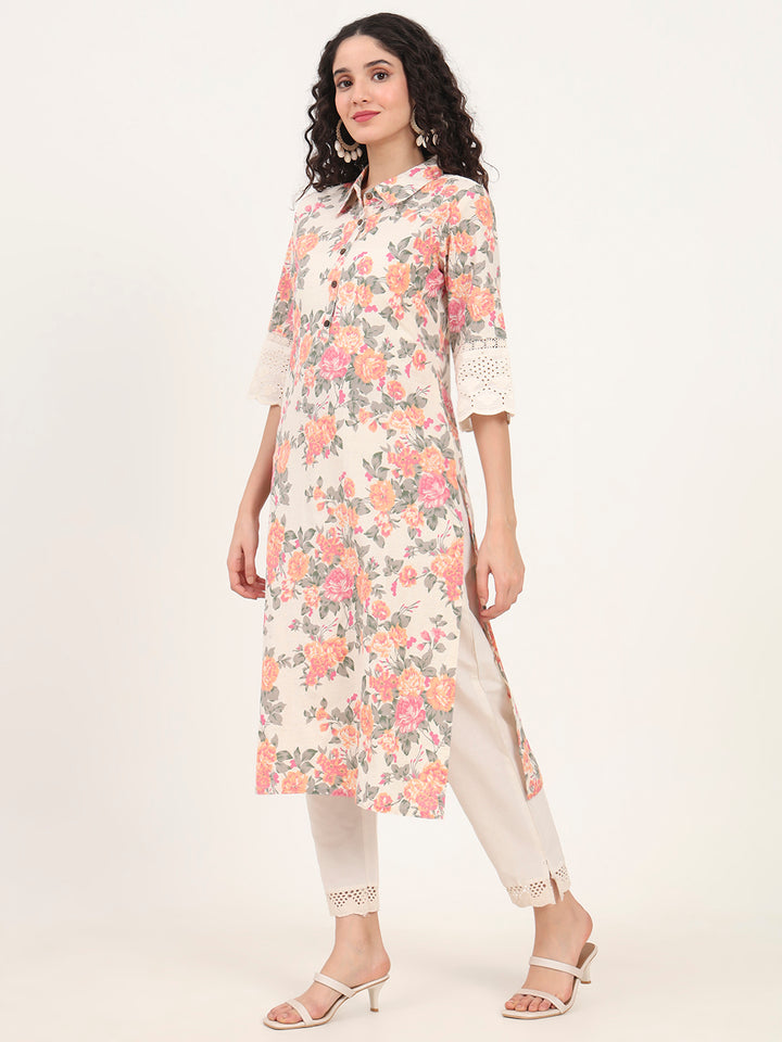 Divena Pink Floral Printed Cotton Kurta