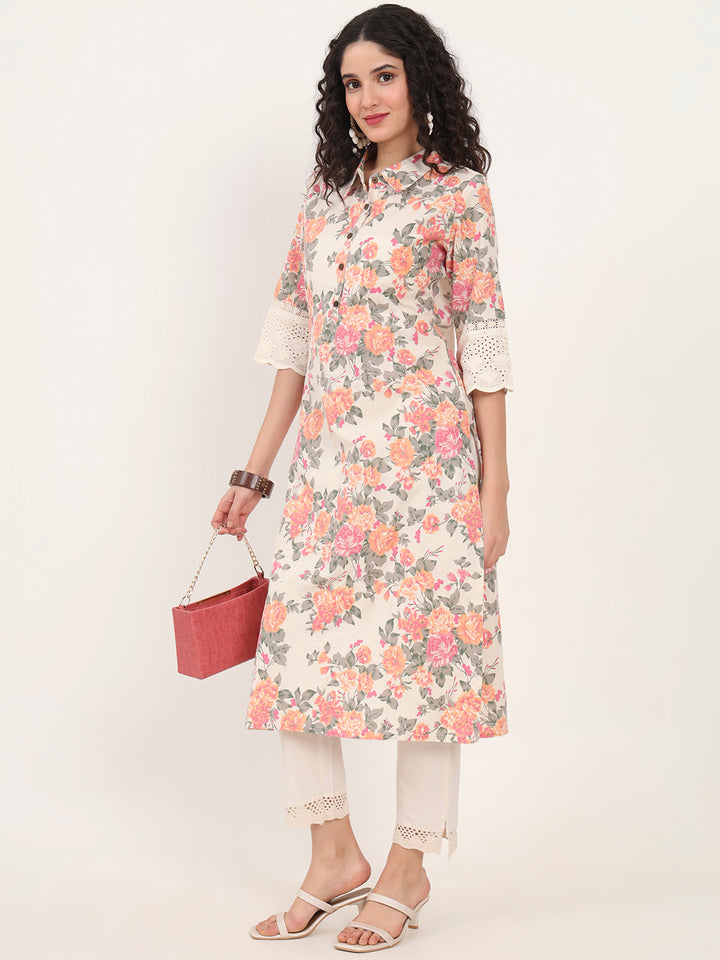 Divena Pink Floral Printed Cotton Kurta