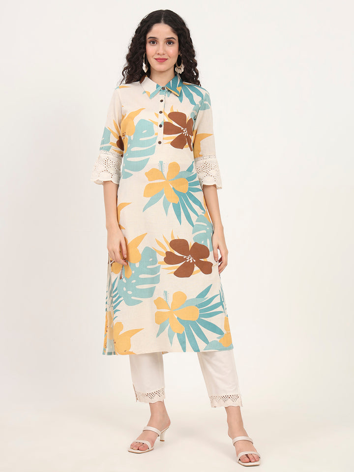 Divena Teal Floral Printed Cotton Kurta