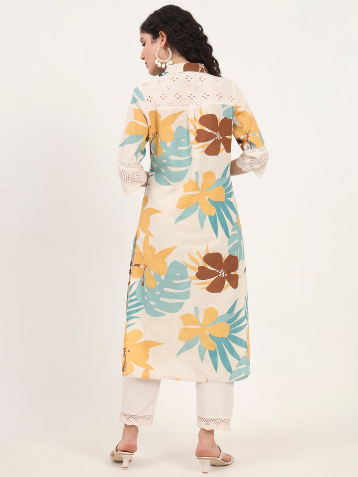 Divena Teal Floral Printed Cotton Kurta