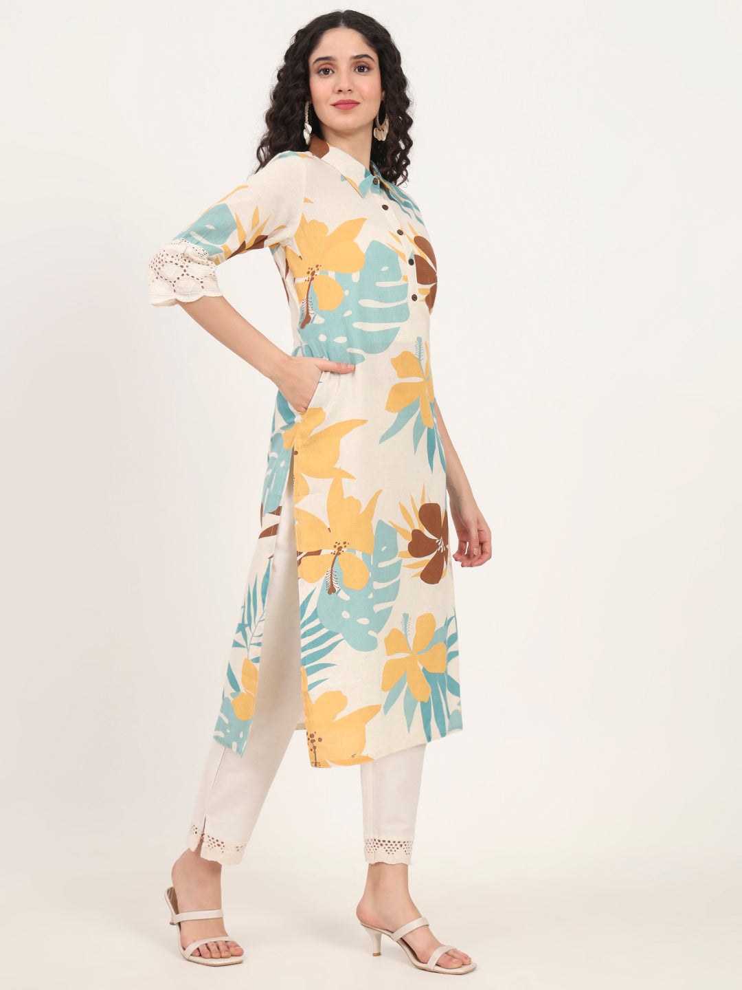 Divena Teal Floral Printed Cotton Kurta