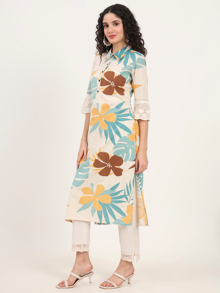 Divena Teal Floral Printed Cotton Kurta