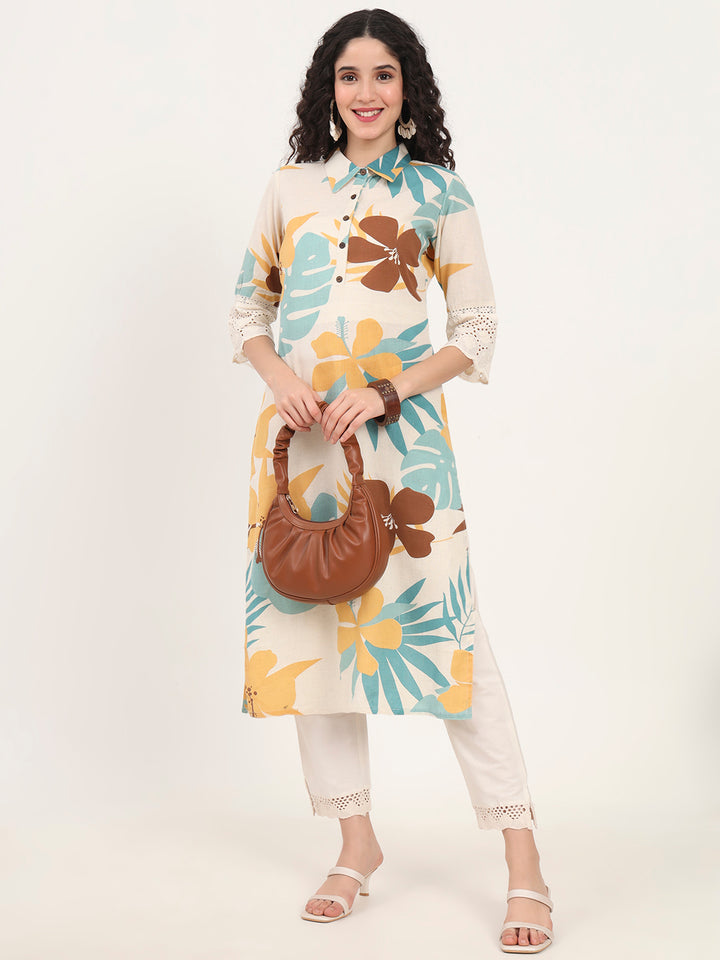 Divena Teal Floral Printed Cotton Kurta