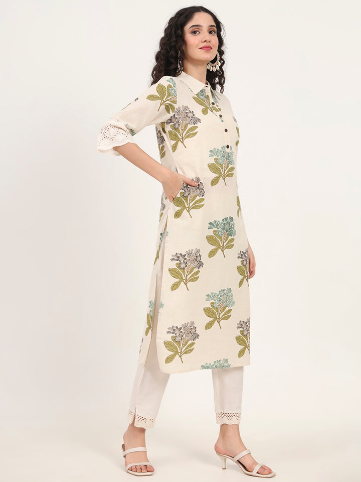Divena Green Floral Printed Cotton Kurta