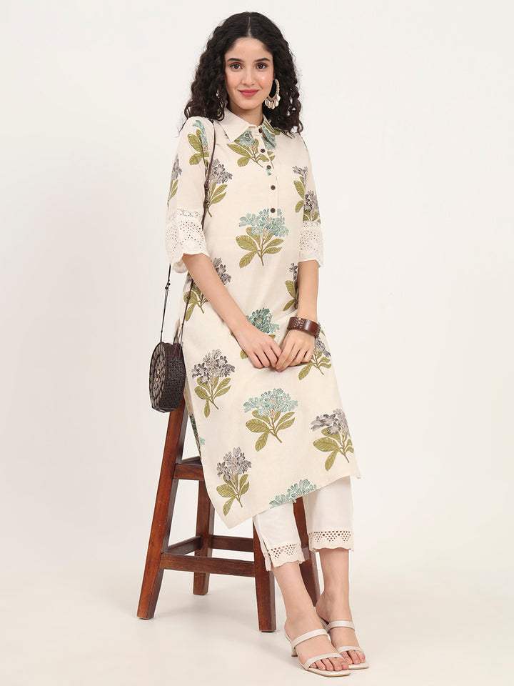 Divena Green Floral Printed Cotton Kurta
