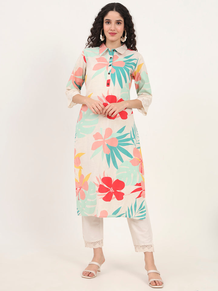 Divena Turquoise Blue Floral Printed Cotton Kurta