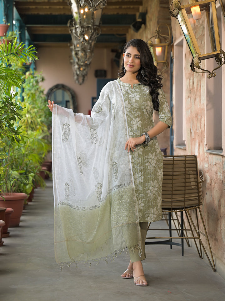 Divena Olive Green Cotton Kurta Pant with Dupatta