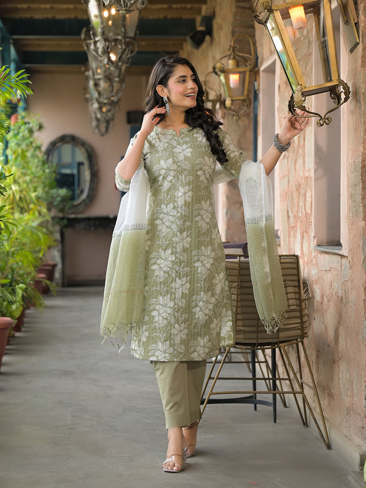 Divena Olive Green Cotton Kurta Pant with Dupatta