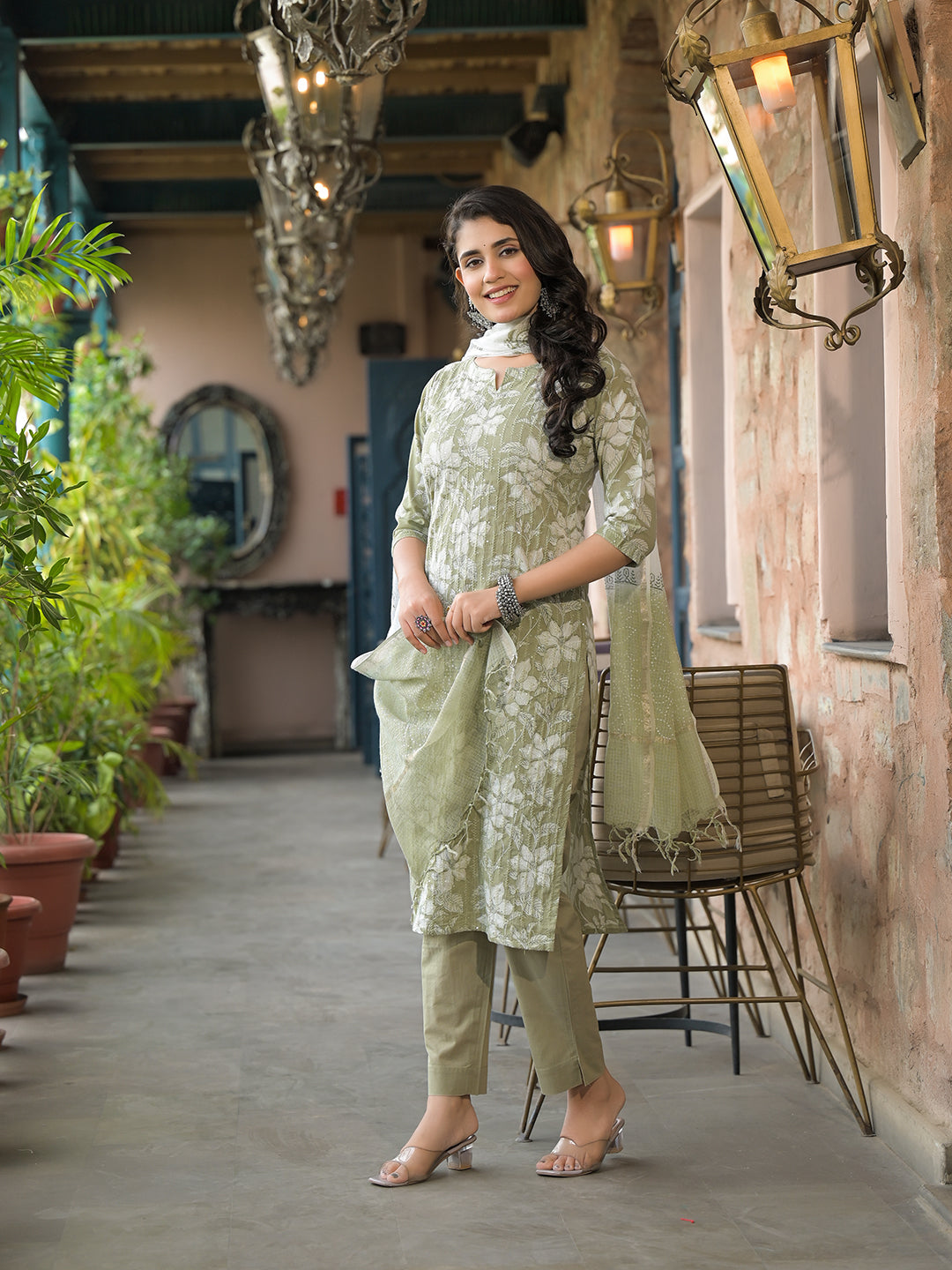 Divena Olive Green Cotton Kurta Pant with Dupatta
